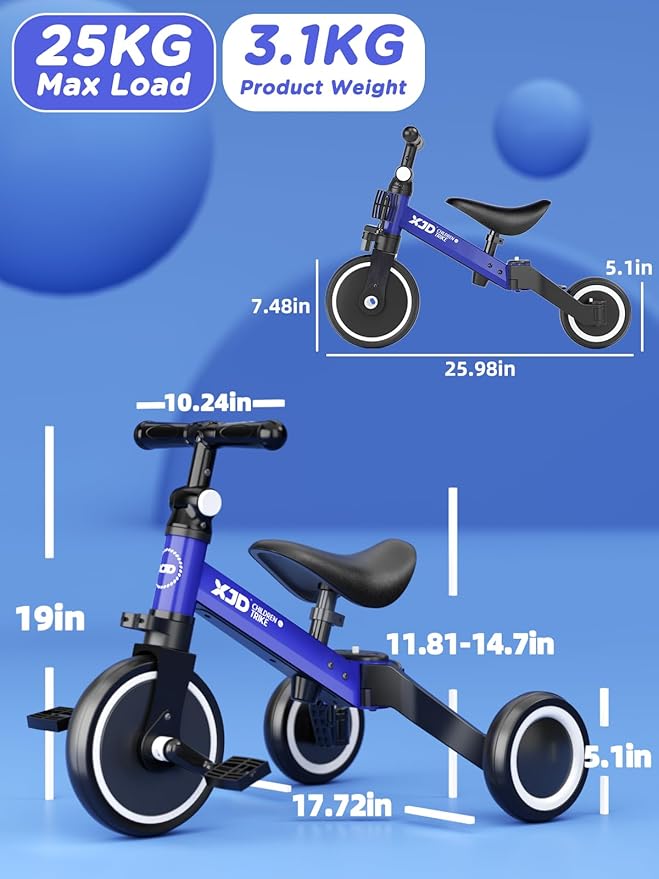 ﻿XJD 5 in 1 Toddler Bike, Tricycle for Toddlers 1-3 with Adjustable Seat Height, Removable Pedals, Ideal Balance Bike Birthday Gifts and Toys for Boys and Girls