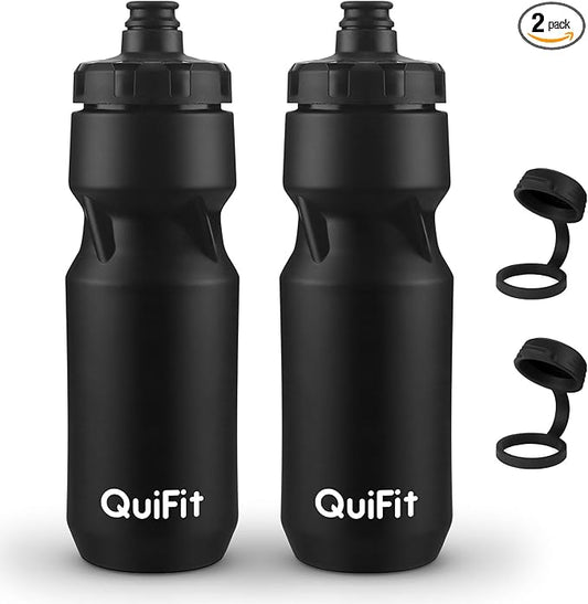 QuiFit Bike Water Bottle 2-Pack, 24oz Squeeze Bottles BPA Free, Leak Proof, Reusable Sport Jug with Dust Cover, Fit Most Bike Holders, for Cycling, Gym, Camping, Hiking(Black+Black, 24oz)
