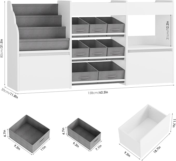 62.2 inches Toy Storage Organizer and Kids Bookshelf, Toy Organizer with 2 Movable Drawers and 9 Box Bins, 4 Tier Toddler Bookshelf for Book Storage and Display