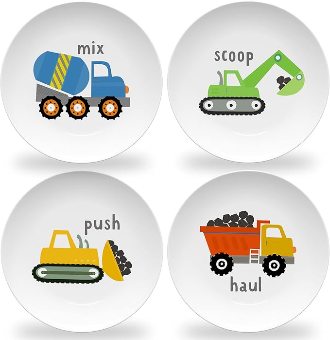 Tiny Expressions - Construction Plates for Toddlers - Set of 4 Melamine Plates for Kids - Excavator, Cement Mixer, Bulldozer, and Dump Truck - Fun Plastic Dinnerware for Kids