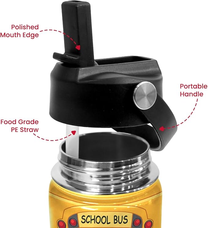 School Bus Water Bottle - Kids Water Bottle with Straw Lid - 12 Oz Insulated Stainless Steel Water Bottles for Kid Boys - Travel Cup for School Sports