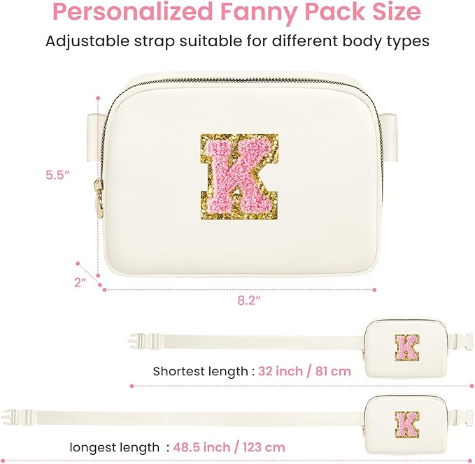 Birthday Gifts for 6 7 8 9 10 11 12 13 Year Old Girls, Fanny Pack Belt Bag Crossbody Bags for Women Girls Kids, Small Initial Letter Waist Packs Cute Teen Trendy Stuff Travel Essentials (Beige, K)