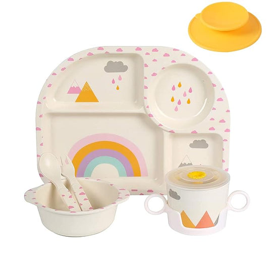 shopwithgreen 7Pcs/Set Bamboo Kids Dinnerware Set - Children Dishes - Food Plate Bowl Cup Spoon Fork Set Dishware, Cartoon Tableware, Dishwasher Safe Kids Healthy Mealtime, BPA Free