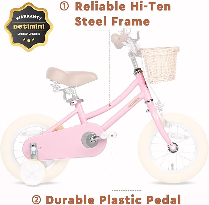 Petimini Girls Bike with Basket for 2-12 Years Old Kids, 12 14 16 18 20 Inch Bicycle with Bell Training Wheels Basket, Multiple Colors