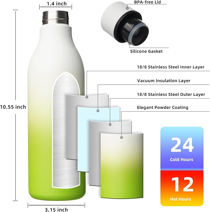 BJPKPK Insulated Water Bottles, 25 oz Stainless Steel Metal Water Bottle with Strap, BPA Free Leak Proof Thermos, Mugs, Flasks, Reusable Water Bottle for Sports & Travel, Elegant Green