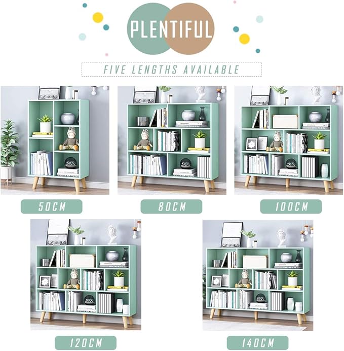 IOTXY Wooden Open Shelf Bookcase - 3-Tier Floorstanding Display Cabinet Rack with Legs, 5 Cubes Free Standing Bookshelf, Tiffany-Green