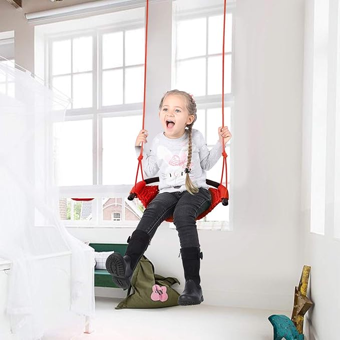 Swing Seat for Kids Heavy Duty Rope Play Secure Children Swing Set,Perfect for Indoor,Outdoor,Playground,Home,Tree,with Snap Hooks and Swing Straps,440 lbs Capacity,Red