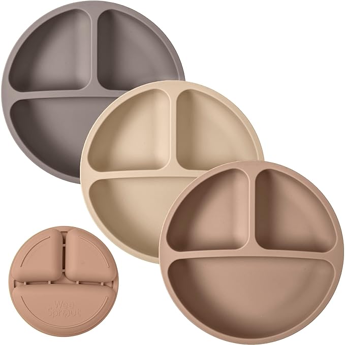 WeeSprout Silicone Plates for Babies & Toddlers (3 Pack) 100% Food-Grade Dishes for Self Feeding, Divided Design & Raised Edges for Picky Eaters, Dishwasher & Microwave Safe Weaning Supplies