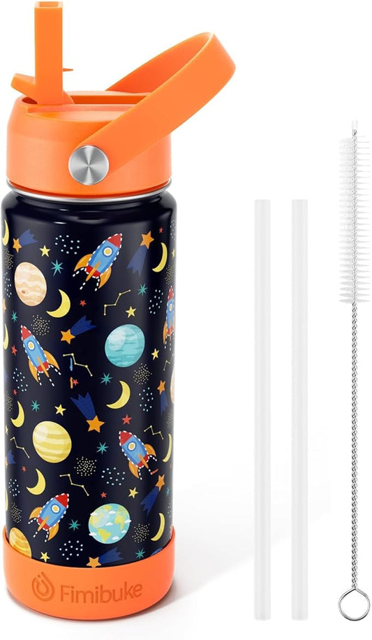Fimibuke Kids Insulated Water Bottle, 18oz BPA FREE 18/8 Stainless Steel Kids Cup with Straw Travel Tumbler Double Wall Vacuum Leak Proof Toddler Water Bottle for School Boys Girls(1 Pack, Space)