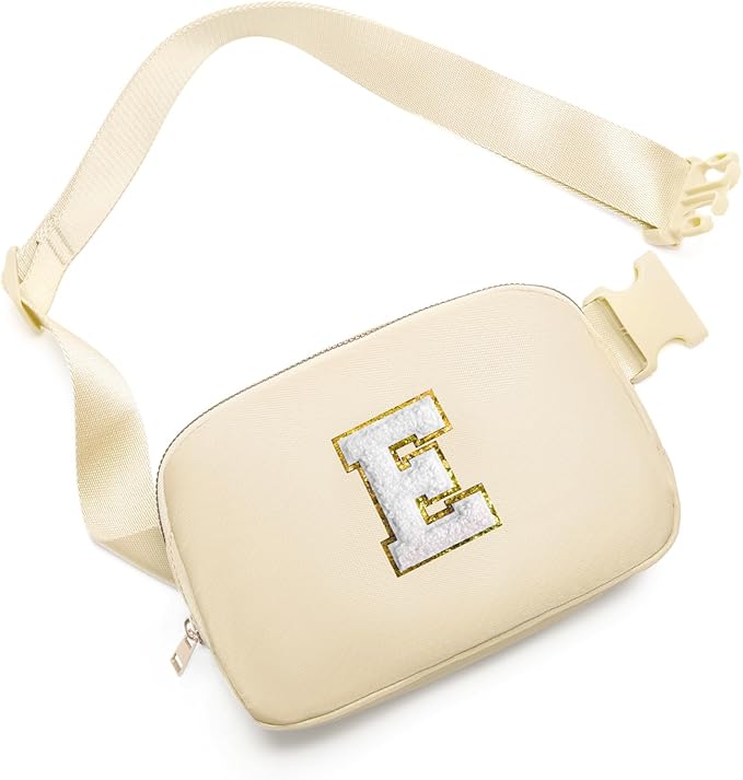Gitus Birthday Gifts for 8 9 10 11 12 13 Year Old Girls Personalized Fanny Pack Crossbody Bags with Initial Letter Patch Belt Bag for Teen Girls Cute Trendy Stuff Travel Essentials (Beige-E)