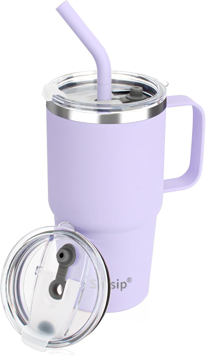 Sursip 24 oz Insulated Cup with Handle, Double Wall Vacuum Stainless Steel Tumbler with Straw and 2 Lids, For Cold/Hot Drinks, Coffee Travel Mug for Car/Home/Office/Party/Camping (Lilac-1 Pack)