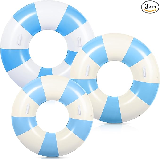 3 Pcs Large Swim Ring with Handles Set 47.24" 39.37" 35.43" Inflatable Pool Inner Tube Classic Striped Pool Ring Floats for Adults Teens Summer Lounger Beach Party Supplies
