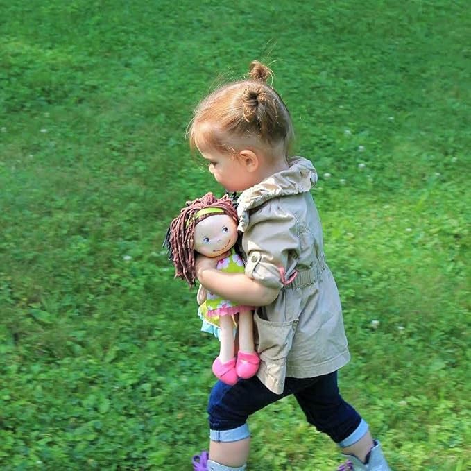 HABA Coco 12" Soft Baby Doll with Brown Hair, Embroidered Face, Removable Green Dress, Matching Headband - Machine Washable Toddler Doll - 18 Months+