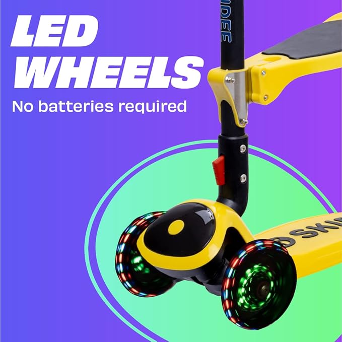 SKIDEE Kick Scooters for Kids Ages 3-5, Adjustable Height Foldable Scooter with Removable Seat, 3 LED Light Wheels, Rear Brake, Wide Standing Board, Suitable Up to 12 Year Old Boys/Girls