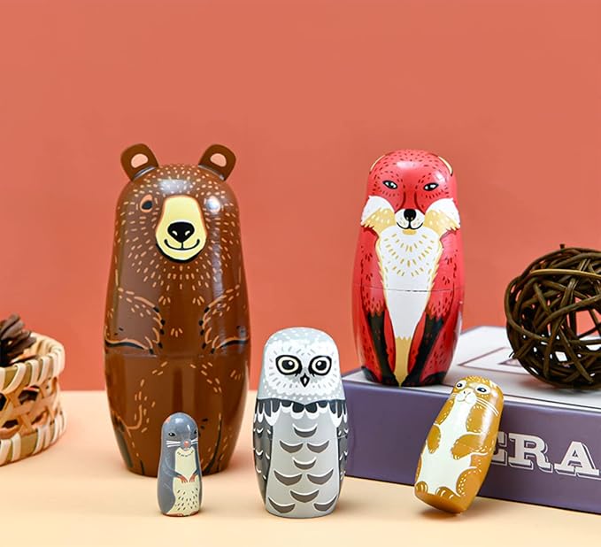 Nesting Dolls-Brown Cartoon Owl Bear Fox Raccoon Russian Nesting Dolls Wooden Matryoshka Doll Handmade Stacking Toy Set 5 Pieces for Kids