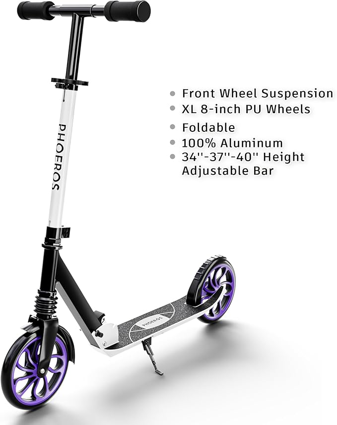 PHOEROS Kick Scooter for Kids Ages 6-12,Teens & Adults, Youth. Lightweight Aluminum Kick Scooter for Teens Adults Boys Girls with 8 inch Big Wheels, Foldable, 3 Height Adjustable, Shock Absorption.