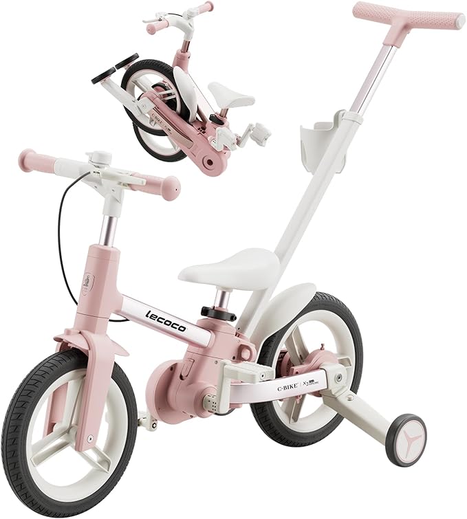 lecoco Upgraded Toddler Bike with Push Handle 6 in 1 for Kids, Balance Bicycle Toys with Training Wheels, Brackes, Cup Holder, Pedal, Kickstand Birthday Gift for Boys and Girls