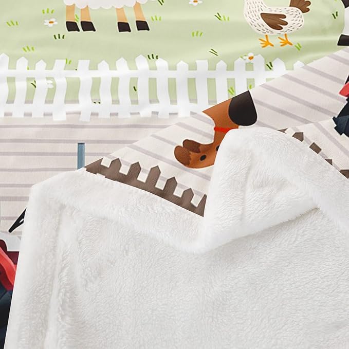 Kids Cartoon Farm Animals Sherpa Blanket Toddler Cute Tractors Fleece Throw Blanket Child Farmhouse Country Plush Blanket Colorful Room Decor Nature Fuzzy Blanket for Sofa Bed Couch, 40x50 Inch