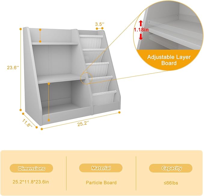 Gray Nursery Bookshelf for Kids 3 Tier Wood Shelf 4 Sling Baby Toddler Bookcase Book Rack with Adjustable Shelf for Boy Girl’s Gift Bedroom Playroom Nursery Classroom Church Kindergarten