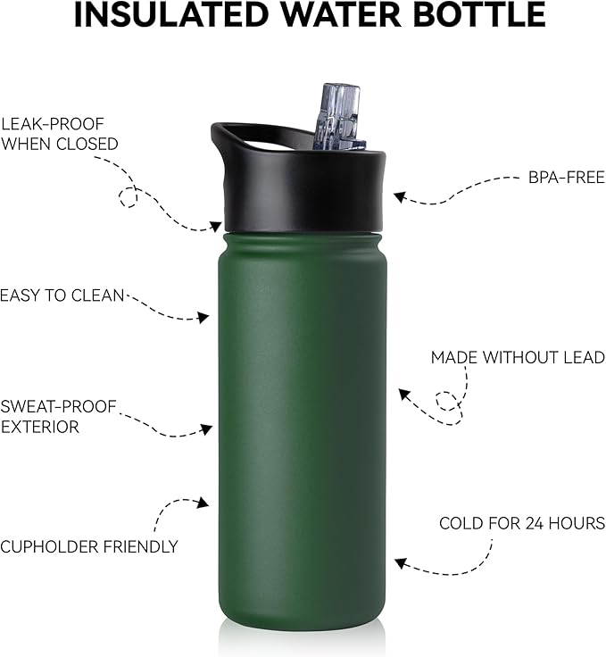 16 oz Insulated Water Bottle for School, Straw & Spout Lid, Keep Cold 24H, Spill Proof, BPA-Free, Double Wall Stainless Steel Kids Water Bottles for Sports, Gym, Travel, Dark Green