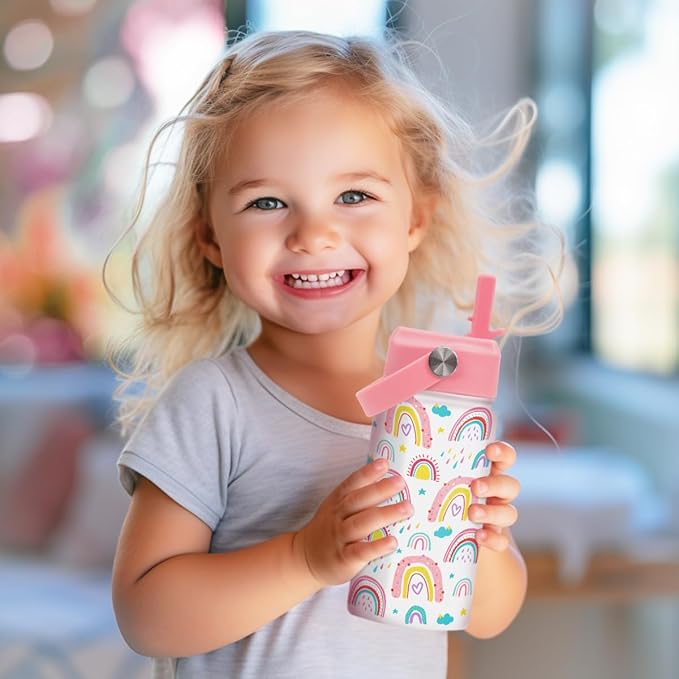 Rainbow Kids Water Bottle With Straw Lid 12oz Insulated Stainless Steel, Travel Tumbler, Gifts For Girls, Birthday, Christmas, Back To School