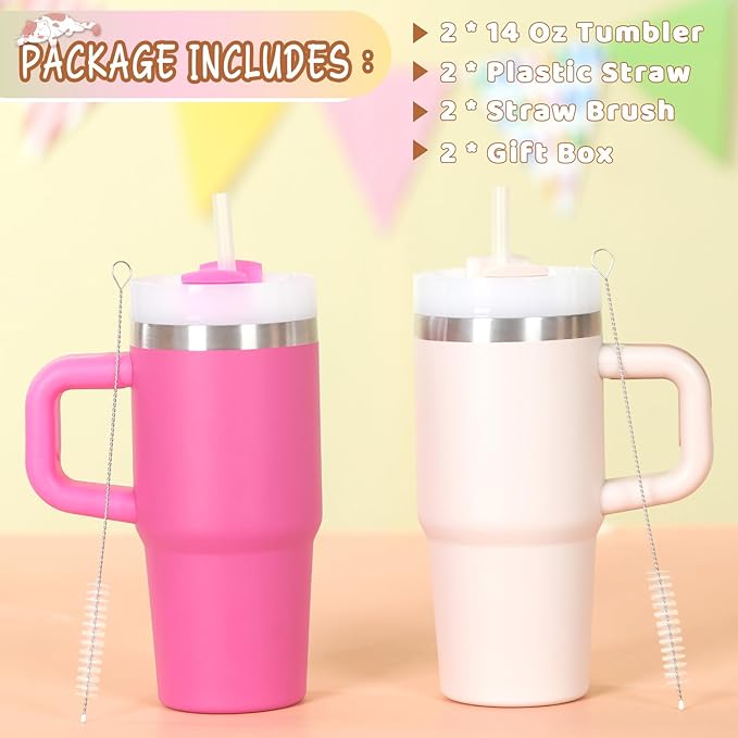 Cosictic 14 Oz Tumbler with Handle and Straw for Kids, Stainless Steel Double Wall Vacuum Insulated Cup for Children, 14 Oz Cups for Kids (Hot Pink, Rose Quartz)