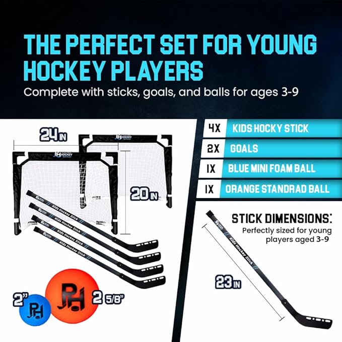 Premier Sports - Kids Hockey Set – (4) Sticks, (2) Mini Goals, (1) Foam & (1) Standard Balls – Complete Beginner Set for Ages 3-9