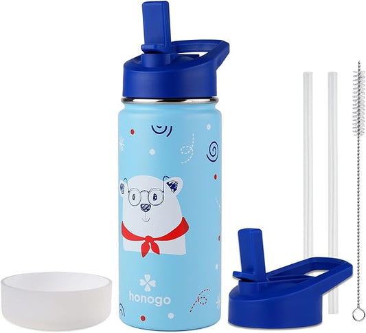 16 oz Stainless Steel Insulated Kids Water Bottle, Leak Proof Metal Thermal Flask with Straw lid, Cute Toddler Tumbler Cup for School Girls & Boys (Blue, Bear)