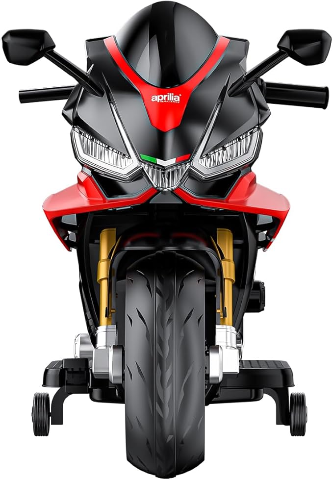 24V Kids Motorcycle, Aprilia Licensed Electric Motorcycle for Kids with Long Battery Life, Thread Wheels, Training Wheels, Large Seat-Black