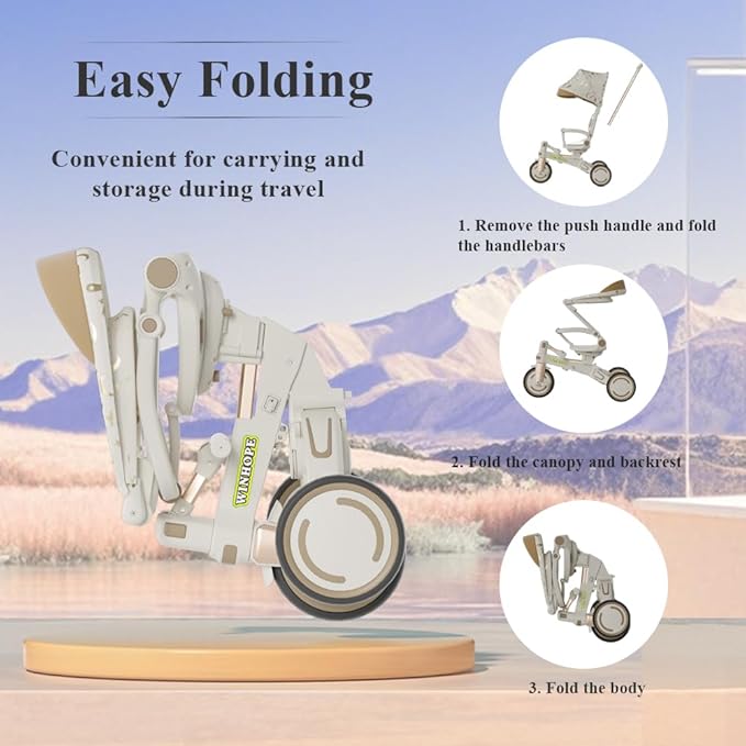 WinHope 9-in-1 Push Tricycle for Toddlers 1-3 Years | Convertible Kids Trike with Adjustable Parent Handle & Safety Harness, Lightweight Foldable Design + Storage Basket for Boys & Girls (White)