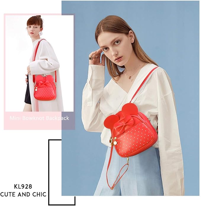 KL928 Girls Mini Backpack Bowknot Polka Dot Cute Small Daypacks Convertible Shoulder Bag Purse for Women