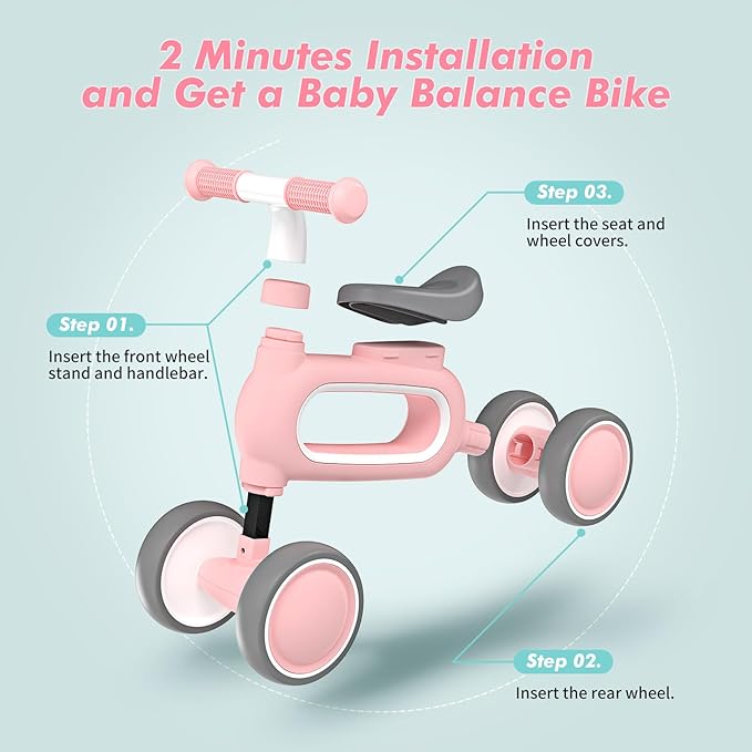 Baby Balance Bike for 1 Year Old Girls Gifts, 10-12 Months No Pedal Toddler Balance Bike with 4 Silence Wheels, 1st Birthday Gift, Ride On Toys for Boys Girls 1 Years Old, Pink