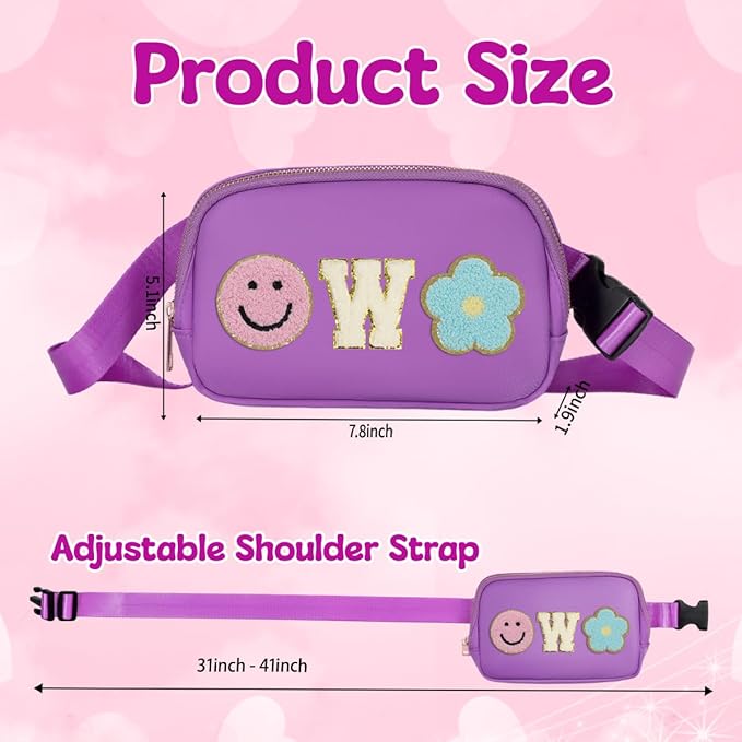 Fanny Pack for Girls Purple Kid Crossbody Bag Chenille W Letter Preppy Belt Bag, Christmas Birthday Easter Gifts for Teen Daughter Sister, Personalized Nylon Purse for 4 5 6 7 8 9 10 Year Old Girls