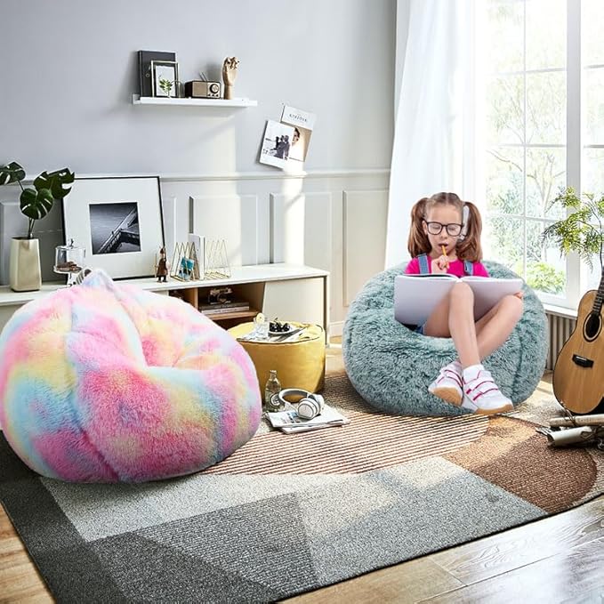 Fluffy Bean Bag Chair, 3FT Round Memory Foam Filled Bean Bag for Teens & Kids, Ultra Soft Faux Fur Fabric Bean Bag Chairs for Playroom, Living Room, Bedroom, Dark Green