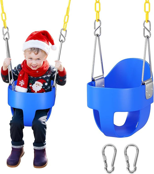 DECORLIFE Toddler Swing Seat, Outdoor Baby Swing with Coated Chains, Heavy Duty High Back Full Bucket Swing Chair with Ant-Loosening Carabiners, Fully Assembled Swingset Accessories for Backyard, Blue