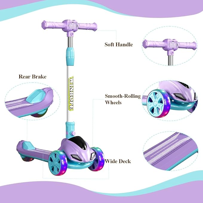 3-Wheel Foldable Kick Scooter for Kids, 4 Adjustable Height Toddler Scooter with LED Lighted Wheels, Lean-to-Steer Design& Wider Anti-Slip Deck for Children Boys & Girls Ages 3-8