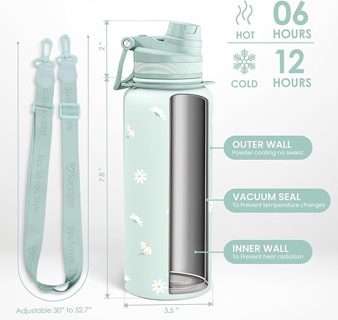 SANDJEST Mint Daisy Stainless Steel Water Bottle with Strap 32oz, Insulated Bottles with Straw and Spout Lid for Gym Sports Travel Outdoor, Gifts for Women Girls Birthday Christmas