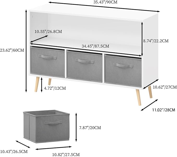 2-Tier Bookcase Bookshelf with Collapsible Fabric Drawers,Cute Book Display Storage Cabinet Organizer for Playroom Livingroom (White+Gray)