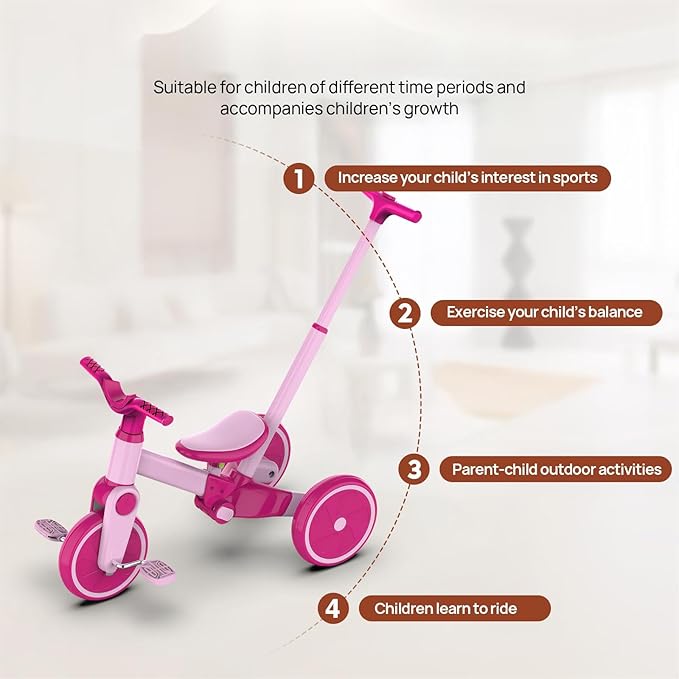 Tricycle for Toddlers 1-3 Year Olds, 5 in 1 Toddler Balance Bike with Removable Pedal, Foldable Toddler Tricycle with Push Handle(Pink)