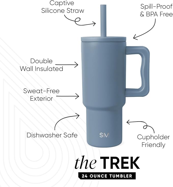 Simple Modern Kids 24 oz Tumbler with Handle and Silicone Straw Lid | Spill Proof and Leak Resistant | Reusable Stainless Steel Bottle | Gift for Kids Boys Girls | Trek Collection | Blue Dune