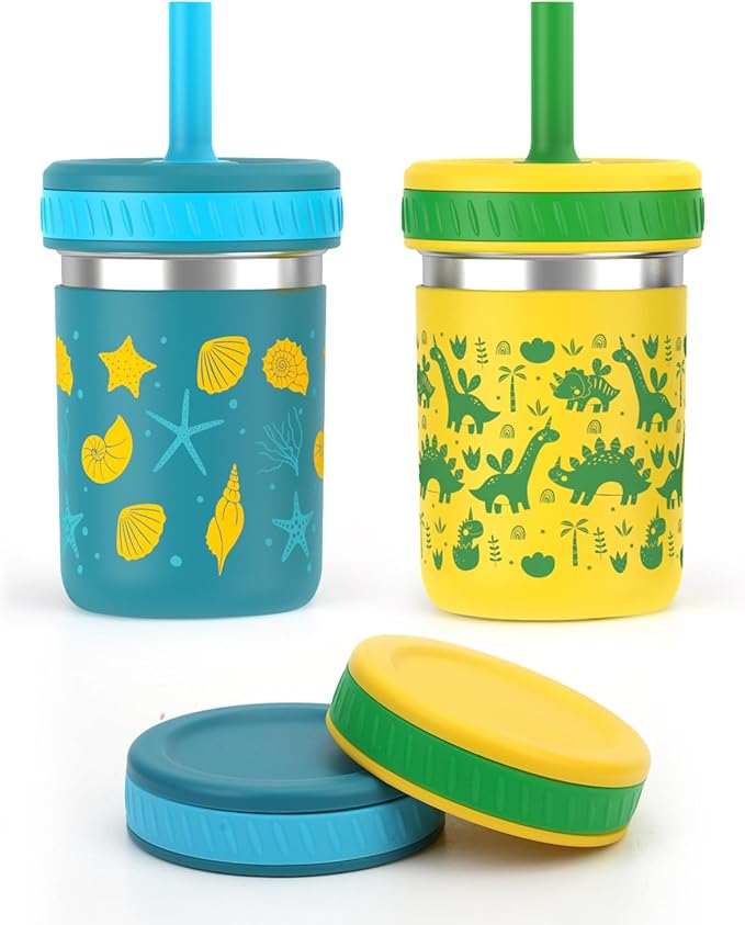 Sursip Toddlers Sippy Cups Stainless Steel Kids Cups with Straws and Lids | Spill-Proof Tumbler Drinks & Snacks, Smoothie Cups, BPA-Free, Dishwasher Safe,2 Packs