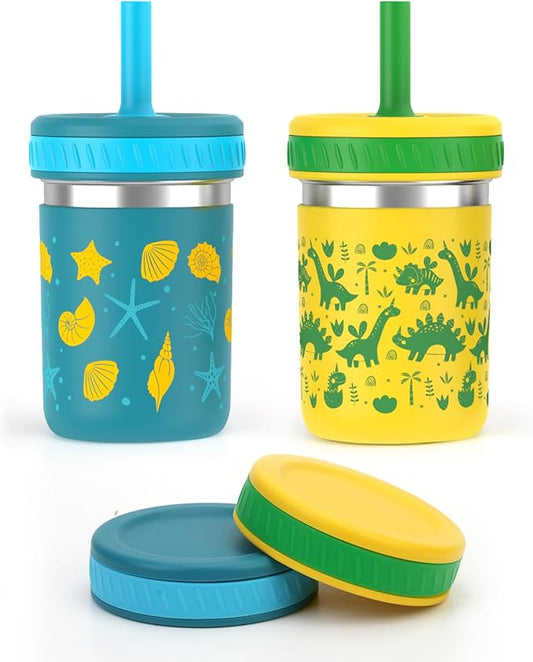 Sursip Toddlers Sippy Cups Stainless Steel Kids Cups with Straws and Lids | Spill-Proof Tumbler Drinks & Snacks, Smoothie Cups, BPA-Free, Dishwasher Safe,2 Packs