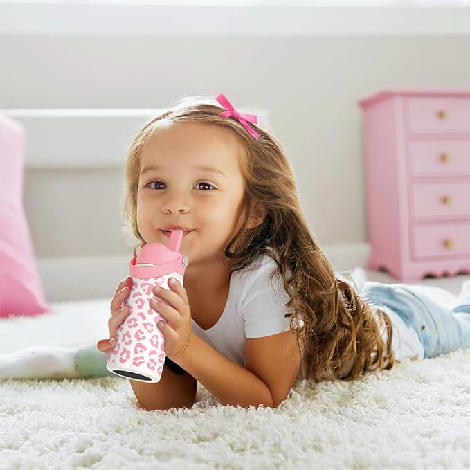 Pink Leopard Print Kids Water Bottle With Straw Lid 12oz Insulated Stainless Steel, Travel Tumbler, Gifts For Girls, Birthday, Christmas, Back To School