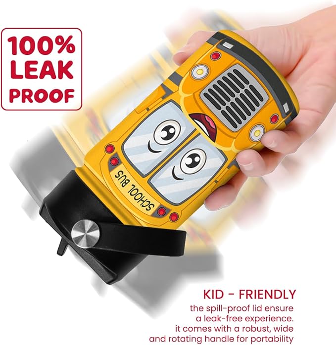 School Bus Water Bottle - Kids Water Bottle with Straw Lid - 12 Oz Insulated Stainless Steel Water Bottles for Kid Boys - Travel Cup for School Sports