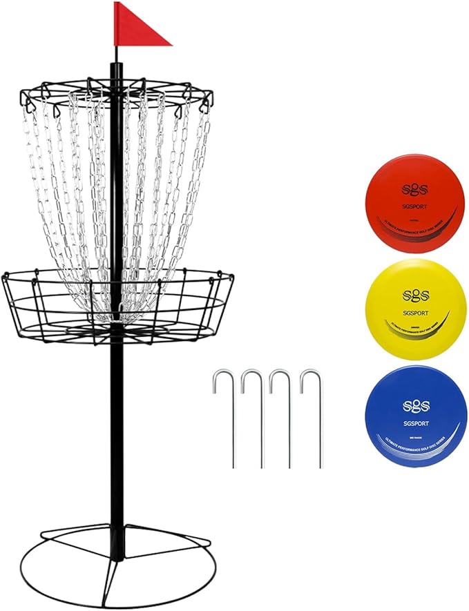 Disc Golf Basket - Portable Disc Golf Target with Heavy Duty 24-Chains Come with 6pcs Disc Golf Discs and Carry Bag, Ground Stake -Suitable for Players of All Levels - Multi Color Available