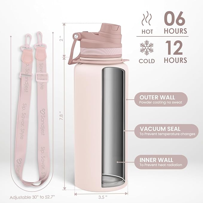 SANDJEST Stainless Steel Water Bottle with Strap 32oz, Insulated Bottles with Straw and Spout Lid for Gym Sports Travel Outdoor, Gifts for Women Girls Birthday Christmas (Beige)