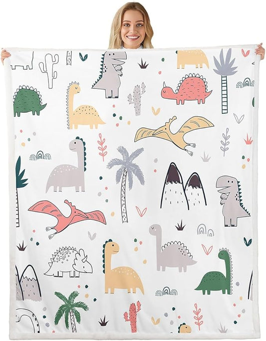 Baby Dinosaur Plush Kids Cartoon Dino Sherpa Fleece Throw Blanket for Children Boys Girls, Jungle Animals Fuzzy Blanket for Sofa Bed Couch, Room Decor Twin 60x80 Inch