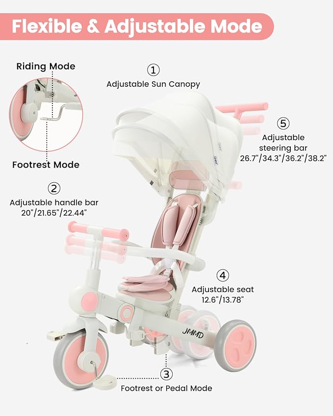 JMMD Baby Tricycle, 7-in-1 Foldable Kids Trike with Adjustable Parent Handle, Safety Harness & Wheel Brakes, Removable Canopy, Stroll Trike for Boys & Girls Ages 18 Months-5 Years, Pink