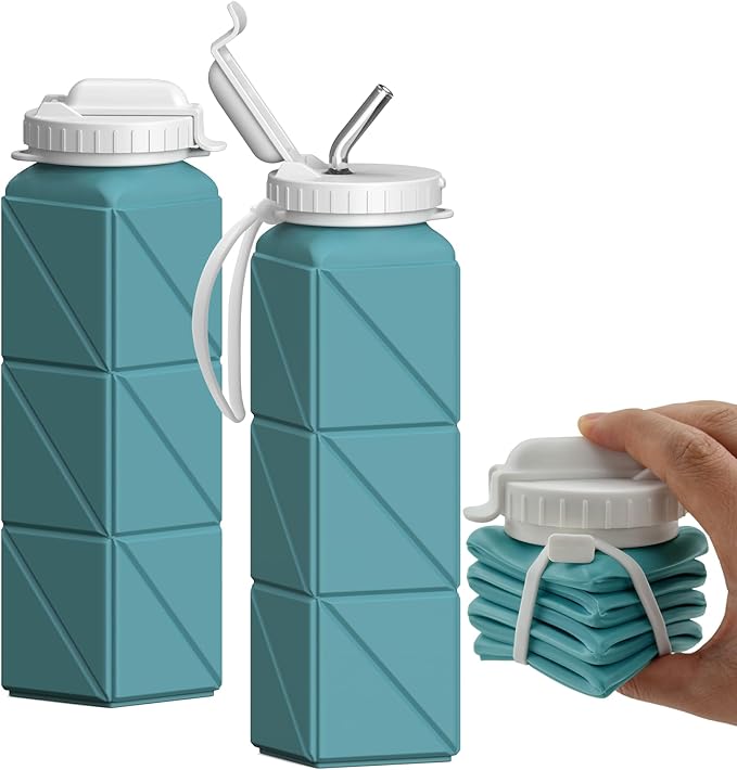 Collapsible Water Bottles with Straw 20.6oz, Silicone Foldable Portable Water Bottle, Lightweight Reusable Leakproof for Travel Camping Hiking Cycling Yoga Sports, 1 Pack (Blue)