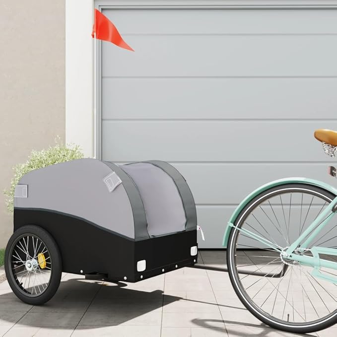 Bike Wagon Trailer, Bike Cart with Safety Flag, Bike Trailer Bicycle Cargo Trailer, Black and Gray 99.2 lb Iron, 49.6"x24.8"x24.8"